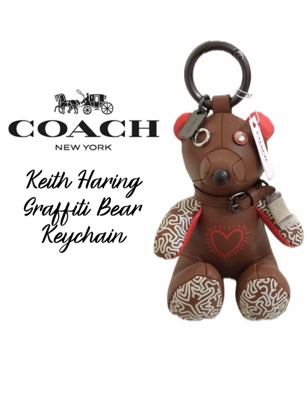 Coach Keith Haring Bear Rare Bag Charm Fob Red Brown Keychain - Picture 2 of 4
